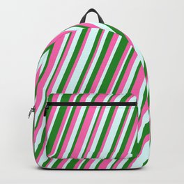 [ Thumbnail: Forest Green, Hot Pink, and Light Cyan Colored Stripes/Lines Pattern Backpack ]