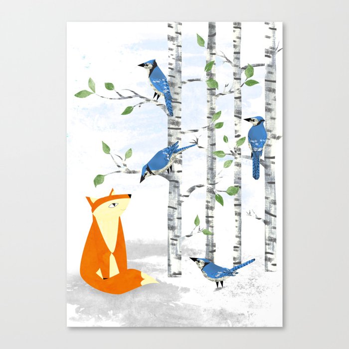 Fox and Blue Jay Birds Canvas Print