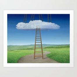 Surrealist Landscape Cloud Ladders Path Spiritual Mountains Weird Art Art Print