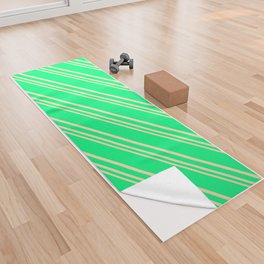 [ Thumbnail: Green & Beige Colored Striped Pattern Yoga Towel ]