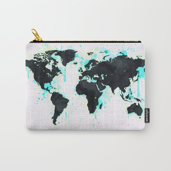 World Map Turquoise Paint and Black Ink Carry-All Pouch