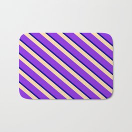 [ Thumbnail: Tan, Purple, and Dark Blue Colored Striped/Lined Pattern Bath Mat ]