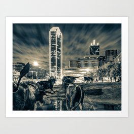 Texas Longhorn Cattle Drive and Dallas Skyline In Sepia Art Print | Cattledrive, Dallassculptures, Dallasinsepia, Walldecor, Bankofamerica, Dallascityscape, Monochromedecor, Sepiaart, Dallasmonochrome, Skyscraperprints 