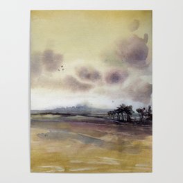 Golden sunset watercolor painting.  Lake scene at sunset watercolor  Poster