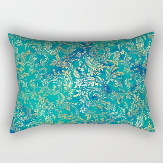 Blue Gold Swirls Rectangular Pillow