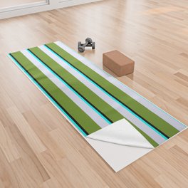 [ Thumbnail: Black, Aqua, Lavender & Green Colored Stripes Pattern Yoga Towel ]