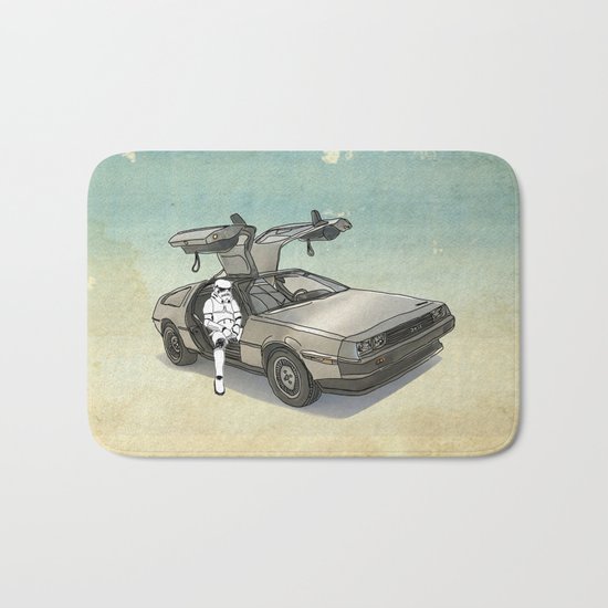 Stormtrooper in a DeLorean - waiting for the car club Bath Mat
