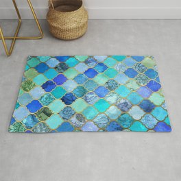 Cobalt Blue, Aqua & Gold Decorative Moroccan Tile Pattern Rug