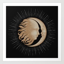 Face in sun and moon hand drawing vintage engraving money line detail style Art Print
