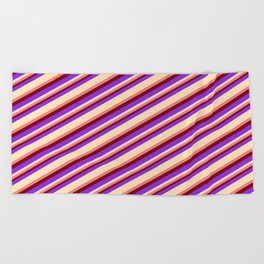 [ Thumbnail: Purple, Beige, Light Coral & Maroon Colored Lined/Striped Pattern Beach Towel ]