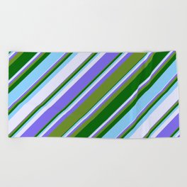 [ Thumbnail: Vibrant Medium Slate Blue, Green, Dark Green, Light Sky Blue & Lavender Colored Stripes Pattern Beach Towel ]
