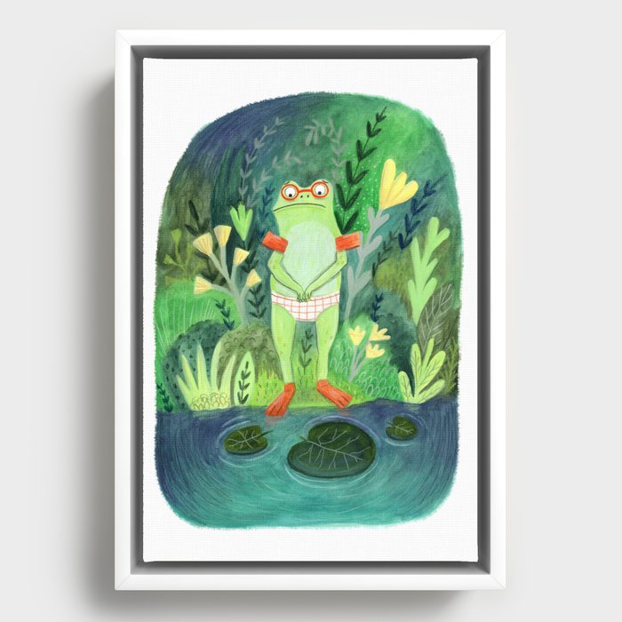 Frog going for a swim Framed Canvas