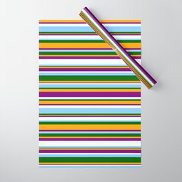 [ Thumbnail: Eyecatching Orange, Purple, Mint Cream, Light Sky Blue & Dark Green Colored Stripes/Lines Pattern Wrapping Paper ]