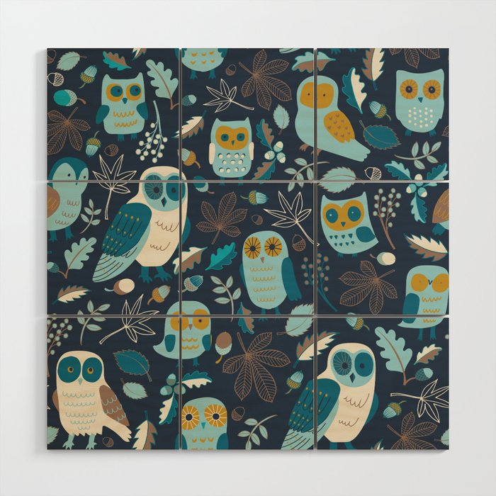 Autumn Owls - Teal and Mustard on Navy - Cute woodland pattern by Cecca Designs Wood Wall Art