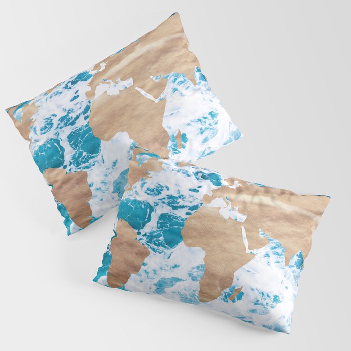 Ocean World Map Vintage Turquoise Sea Pillow Sham