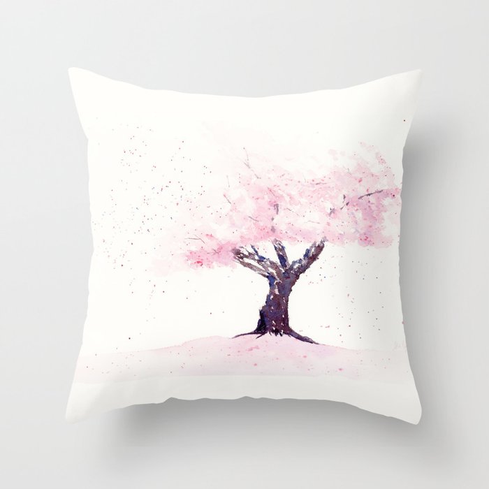 Spring in Pink , Cherry Blossm, Art Watercolor Painting by Suisai Genki  Throw Pillow