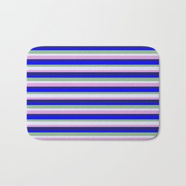 [ Thumbnail: Vibrant Midnight Blue, Blue, Dark Sea Green, Lavender & Plum Colored Stripes Pattern Bath Mat ]