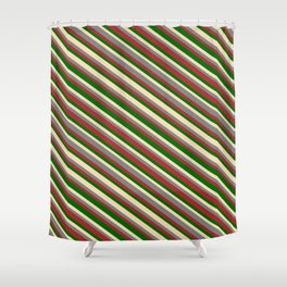 [ Thumbnail: Tan, Gray, Brown & Dark Green Colored Lines/Stripes Pattern Shower Curtain ]