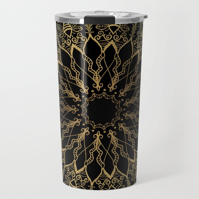 Golden Bee Mandala Travel Mug | Drawing, Digital, Mandala, Bees, Gold, Black, Burtonesque, Goth, Dark, Dark-decors