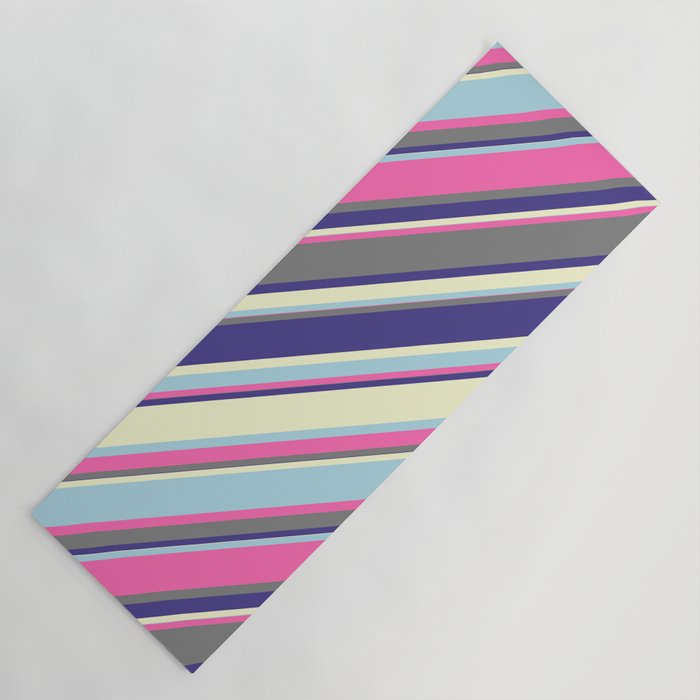 Colorful Hot Pink, Gray, Dark Slate Blue, Light Yellow, and Light Blue Colored Stripes/Lines Pattern Yoga Mat