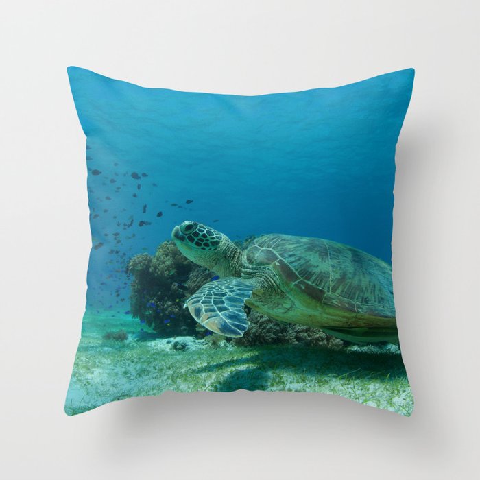 Turtle saying "Take my flipper and let us begin our adventure" Throw Pillow