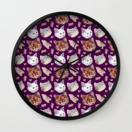 Crazy cats pattern on violet Wall Clock
