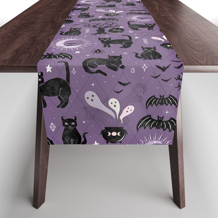 Black cats and bats, witchy things, halloween on purple Table Runner