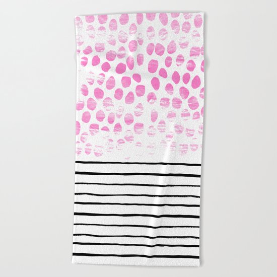 Dot Stripe hot pink black and white minimal abstract painting pattern trendy boho urban bklyn art Beach Towel