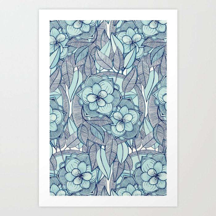 Teal Magnolias - a hand drawn pattern Art Print
