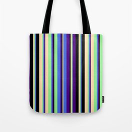 [ Thumbnail: Eye-catching Indigo, Royal Blue, Light Green, Tan & Black Colored Stripes Pattern Tote Bag ]