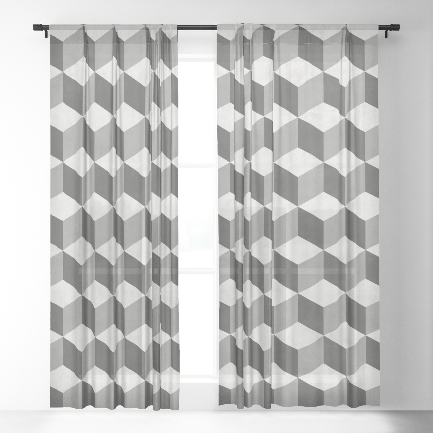 Geometric Cube Pattern Black White Grey Sheer Curtain By