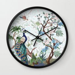 Chinoiserie Aqua Peacock Floral & William Morris Art Wall Clock