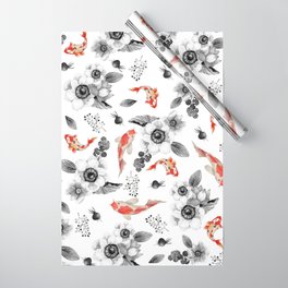 Colorful orange black white watercolor floral koi fish Wrapping Paper
