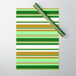 [ Thumbnail: Dark Goldenrod, Green, Dark Green, and White Colored Stripes Pattern Wrapping Paper ]