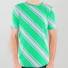 [ Thumbnail: Green & Lavender Colored Lined Pattern All Over Graphic Tee ]