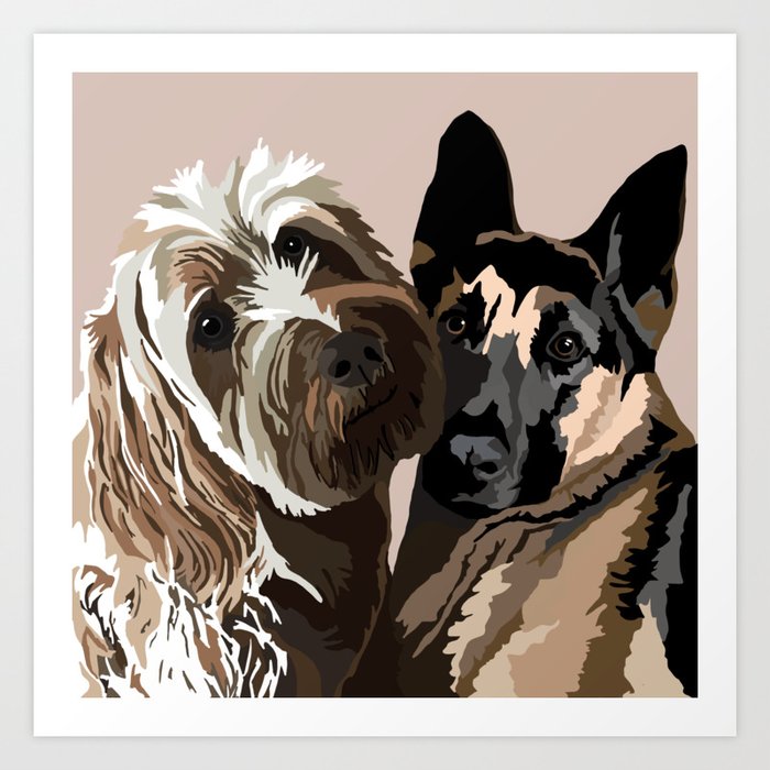 Scribbles the Golden Doodle and Pika the German Shepherd Art Print