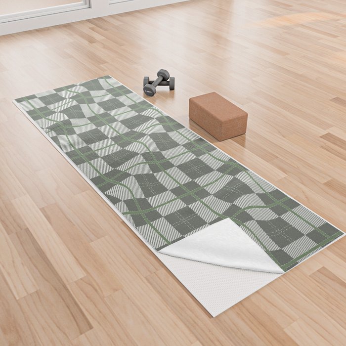 Warped Checkerboard Grid Illustration Green Gray Yoga Towel