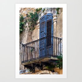 Blue Sicilian Door on the Balcony Art Print | Photo, Blue, Door, Facade, Abandoned, Architecture, Lostplaces, Noto, Sicilianhouse, Urbex 
