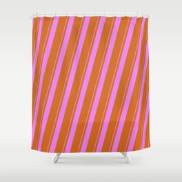 [ Thumbnail: Violet and Chocolate Colored Lined/Striped Pattern Shower Curtain ]