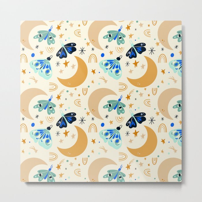 Moths and Moons - Yellow & Teal Metal Print