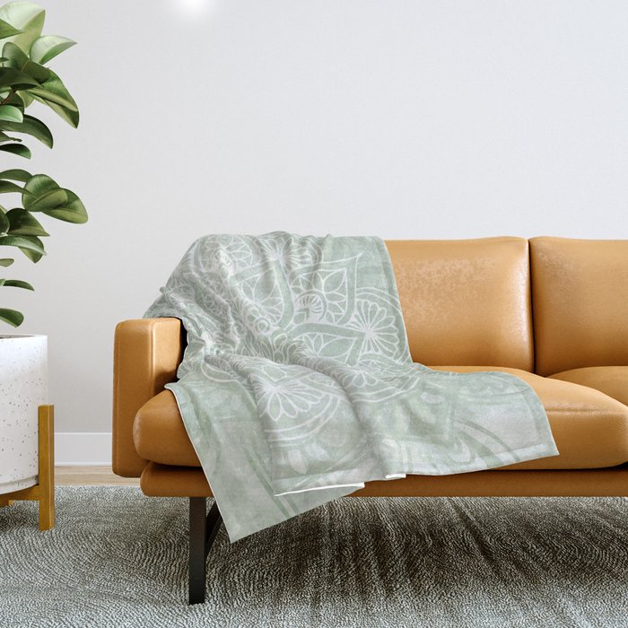 Mandala, Yoga Love, Sage Green, Boho Print Throw Blanket by Megan Morris