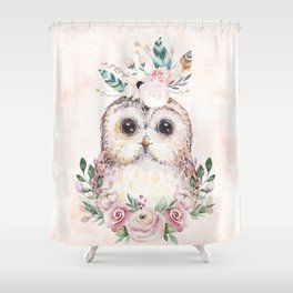 Forest Owl Floral Pink by Nature Magick Shower Curtain