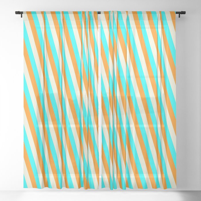 Dark Orange, Beige & Cyan Colored Lined Pattern Sheer Curtain