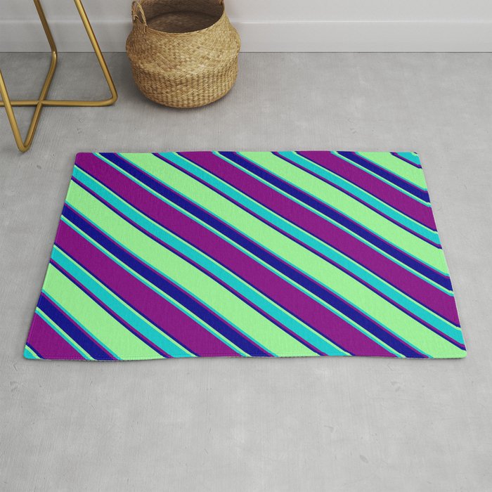 Green, Dark Turquoise, Purple, and Dark Blue Colored Striped Pattern Rug