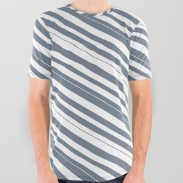 [ Thumbnail: White & Slate Gray Colored Lined/Striped Pattern All Over Graphic Tee ]