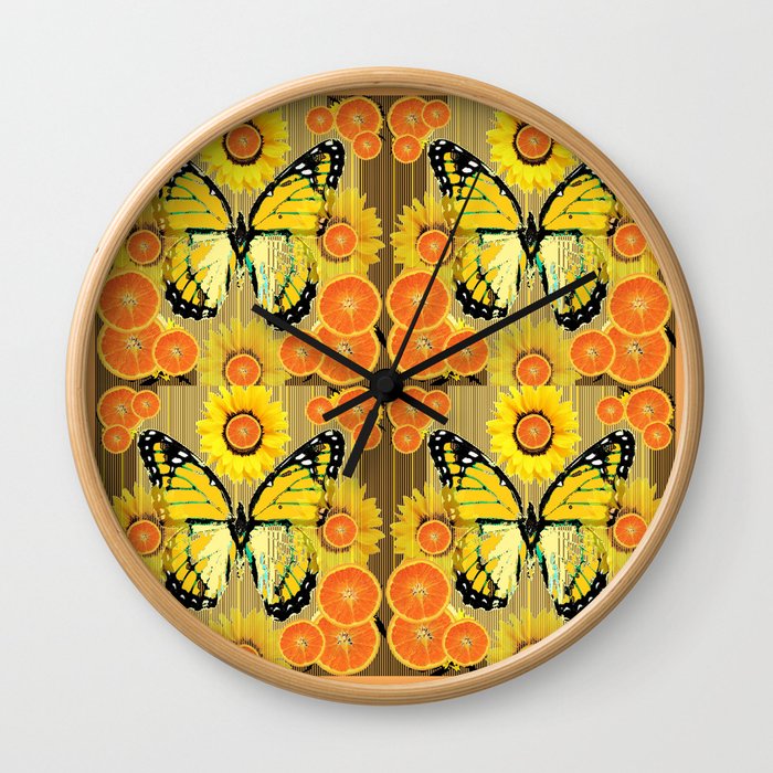 YELLOW MONARCH BUTTERFLY & ORANGES MODERN ART Wall Clock