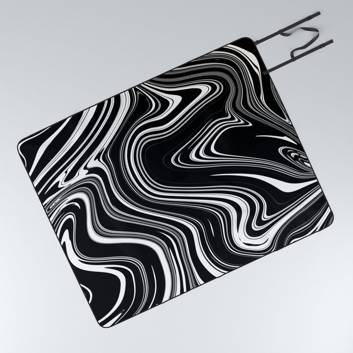 Liquid Swirl Abstract Pattern in Black and White Picnic Blanket