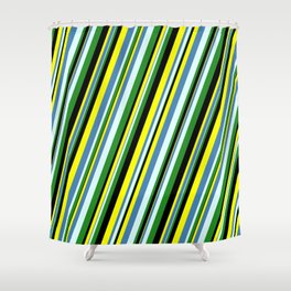 [ Thumbnail: Yellow, Blue, Light Cyan, Forest Green, and Black Colored Stripes Pattern Shower Curtain ]