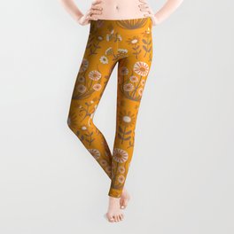 Arts and Crafts Folk Floral - Mocha and Ivory on Clementine orange - floral pattern by Cecca Designs Leggings