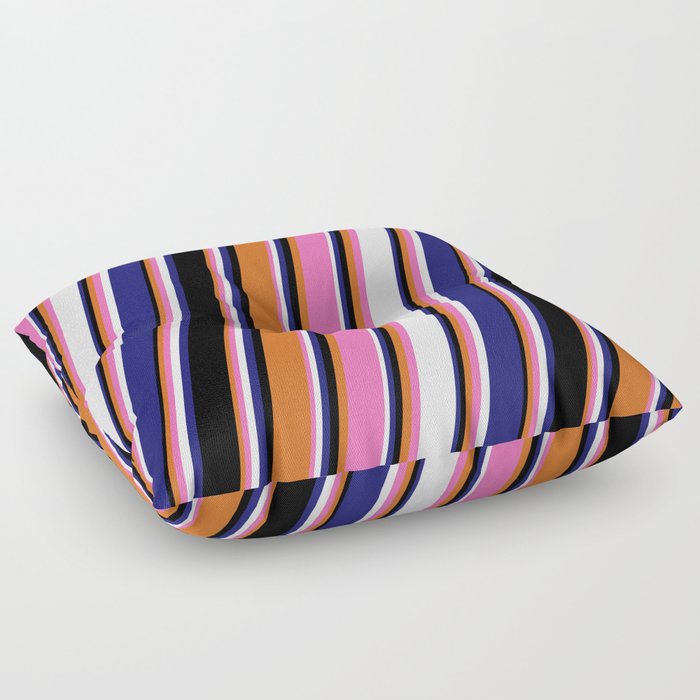 Chocolate, Hot Pink, Mint Cream, Midnight Blue & Black Colored Lines/Stripes Pattern Floor Pillow